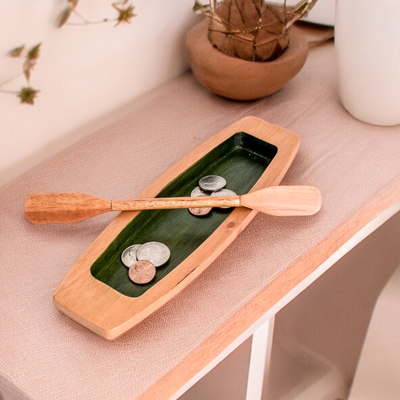 Hand-Carved Painted Green Cedarwood Boat Catchall
