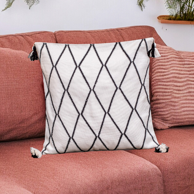 Diamond-Patterned Ivory and Black Cotton Cushion Cover