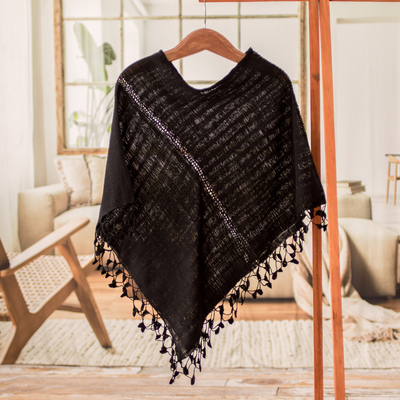 Handwoven Black Cotton Poncho with Tassels from Guatemala