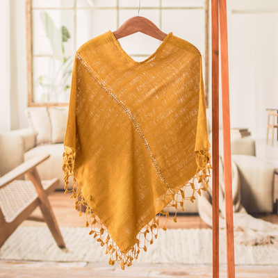 Hand-Woven Yellow Cotton Poncho with Tassels from Guatemala