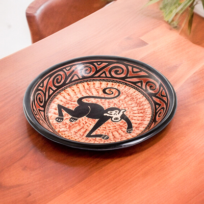 Monkey-Themed Black and Brown Ceramic Decorative Bowl