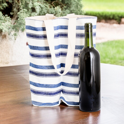 Handwoven Striped Cotton Wine Bottle Bag in Blue and White