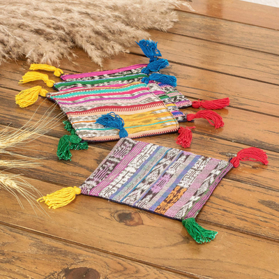 Set of Four Handwoven Cotton Coasters with Colorful Tassels