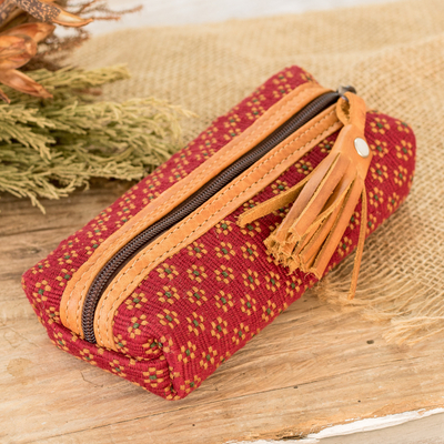 Handwoven Floral-Patterned Red Cotton Pencil Case