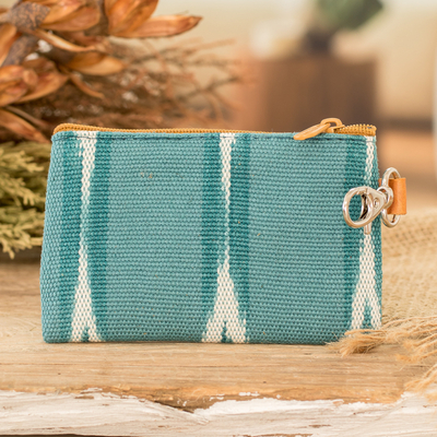 Handwoven Patterned Turquoise Cotton Coin Purse with Zipper