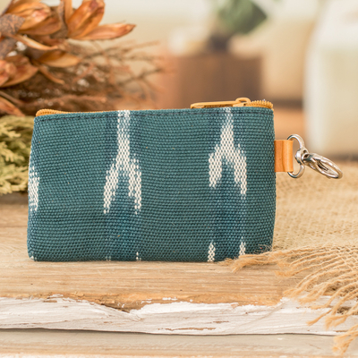 Handwoven Patterned Teal Cotton Coin Purse with Zipper