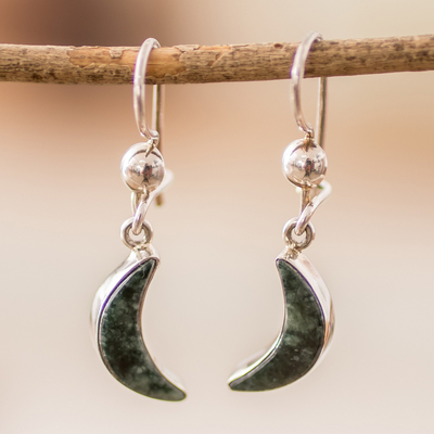 Silver Dark Green Jade Crescent Moon Dangle Earrings