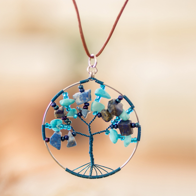 Tree-Themed Round Blue Jasper and Quartz Pendant Necklace