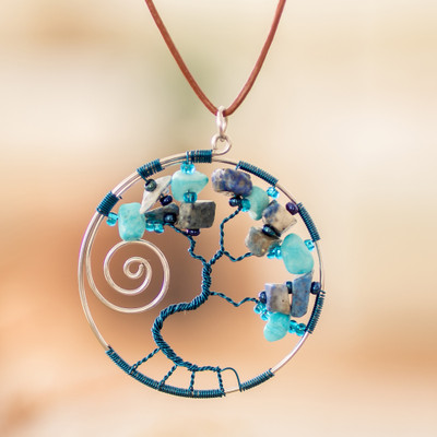 Nature-Themed Blue Jasper and Quartz Pendant Necklace