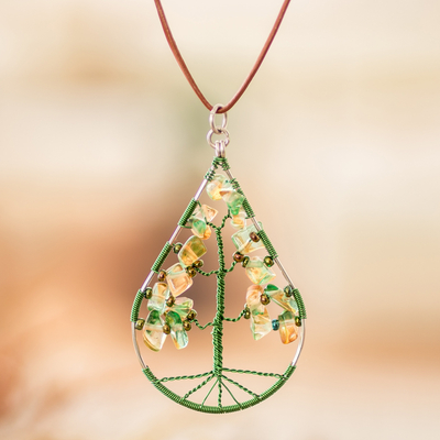 Drop-Shaped Green Natural Peridot Tree Pendant Necklace