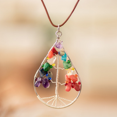 Drop-Shaped Colorful Multi-Gemstone Tree Pendant Necklace
