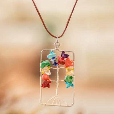 Rectangular Colorful Multi-Gemstone Tree Pendant Necklace