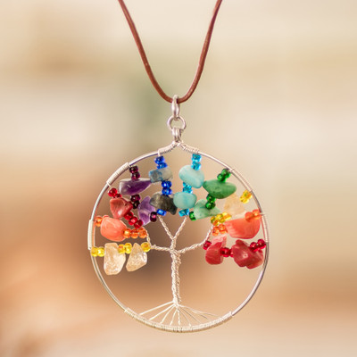 Tree-Themed Round Multi-Gemstone Pendant Necklace