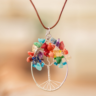 Tree-Themed Oval Multi-Gemstone Pendant Necklace