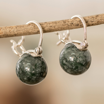 Sterling Silver Hoop Earrings with Dark Green Jade Gems