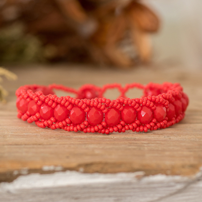 Handmade Poppy Red Glass Beaded Wristband Bracelet