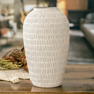 Modern Textured Hand-Painted Ivory and Grey Ceramic Vase