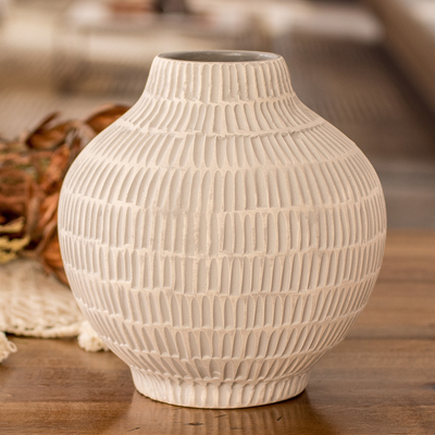 Hand-Painted Textured Ceramic Vase in Ivory and Grey