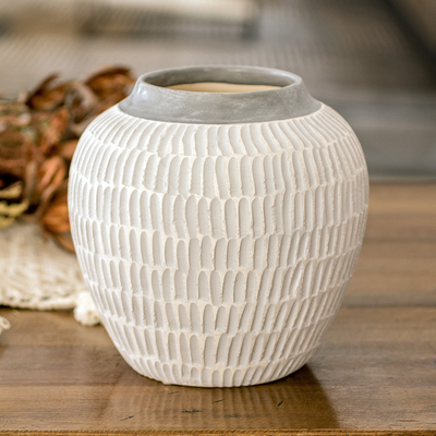 Modern Textured Ceramic Vase with Hand-Painted Grey Accents