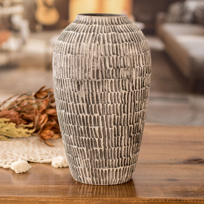 Modern Textured Hand-Painted Ivory and Black Ceramic Vase