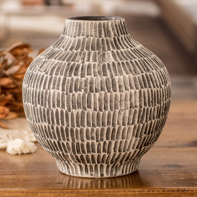 Hand-Painted Textured Ceramic Vase in Ivory and Black