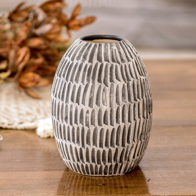 Modern Textured Ceramic Vase Hand-Painted in Guatemala
