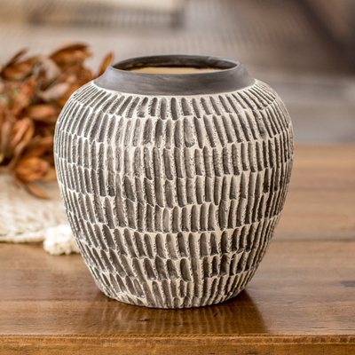 Modern Textured Ceramic Vase with Hand-Painted Black Accents