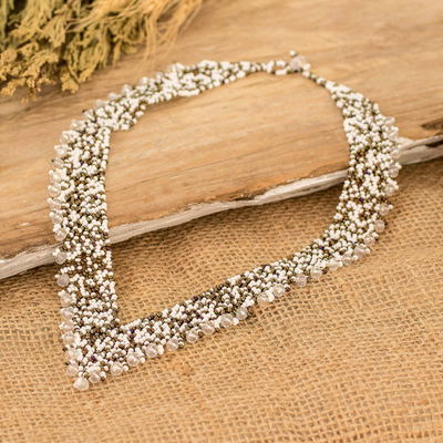 Crystal and Glass Beaded V-Shaped White Statement Necklace