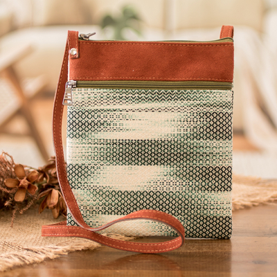 Faux Leather-Accented Cotton Sling Bag in Forest Green Hues