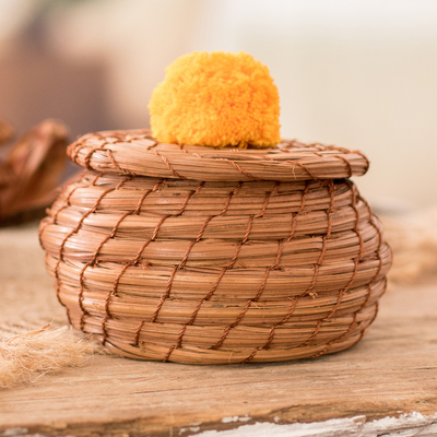 Handwoven Pine Needle Basket with Marigold Cotton Pompom