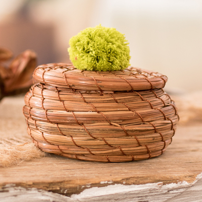 Handwoven Pine Needle Basket with Kiwi Cotton Pompom