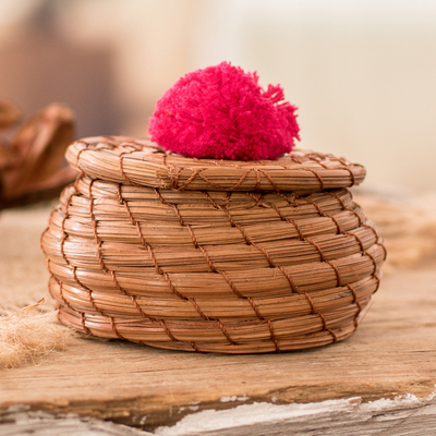 Handwoven Pine Needle Basket with Azalea Cotton Pompom