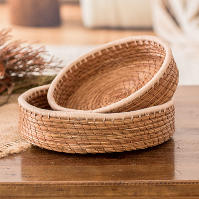 Set of 2 Woven Spiral Pine Needle Baskets with Ivory Trim