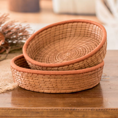 Set of 2 Woven Spiral Pine Needle Baskets with Ginger Trim