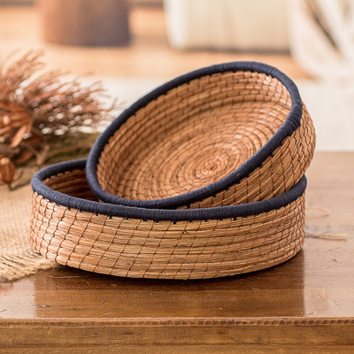 Set of 2 Woven Spiral Pine Needle Baskets with Midnight Trim