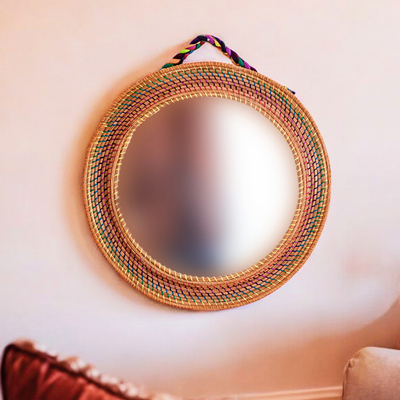 Braided Round Colorful Pine Needle and Cotton Wall Mirror