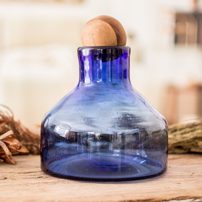 Handblown Recycled Glass Carafe in Blue with Wooden Stopper