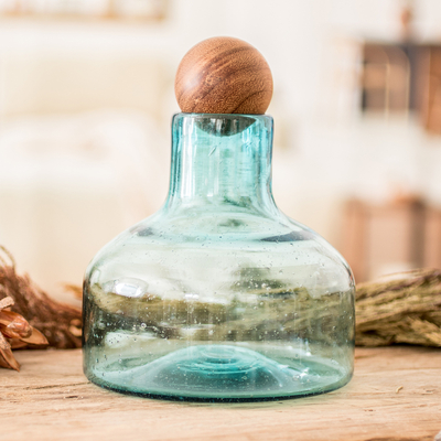 Handblown Light Blue Recycled Glass Carafe with Wood Stopper