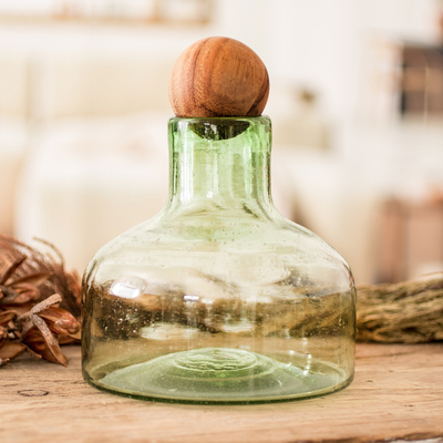 Handblown Recycled Glass Carafe in Green with Wooden Stopper