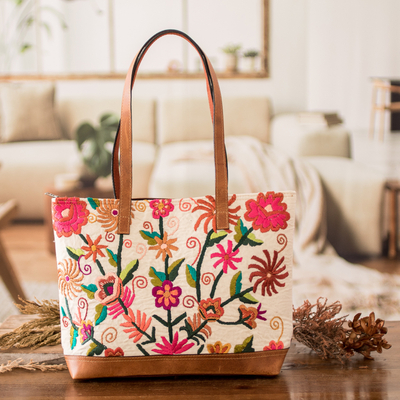 Hand-Embroidered and Woven Floral Cotton Leather Tote Bag