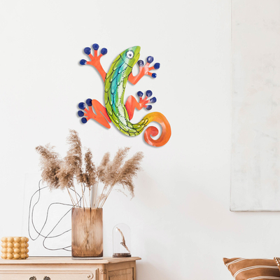 Colorful Hand-Painted Tropical Lizard Steel Wall Art