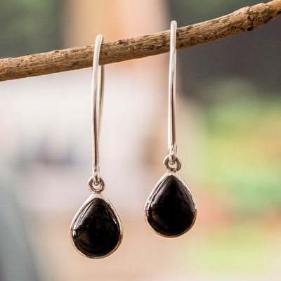 Silver Dangle Earrings with Guatemalan Black Jade Stones