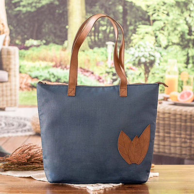 Autumn-Themed Azure Blue Faux Leather-Accented Shoulder Bag