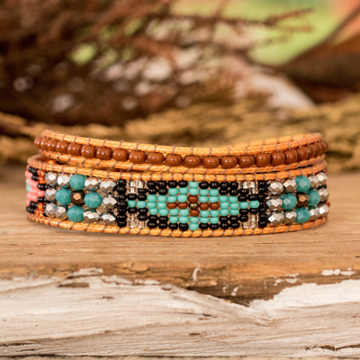 Handwoven Beaded Brown Wrap Bracelet with Geometric Motifs