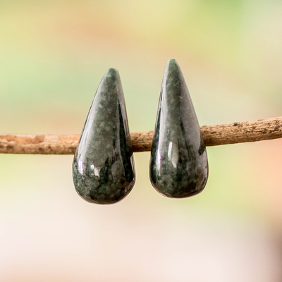 Drop-Shaped Dark Green Jade Button Earrings from Guatemala