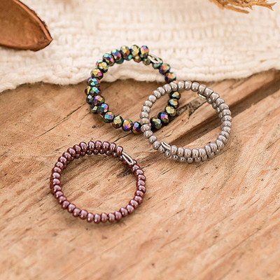 Artisan-Made 3-Piece Crystal and Glass Beaded Wrap Ring Set