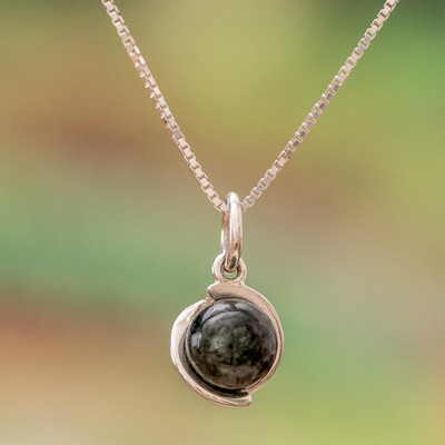 Round Dark Green Jade and Sterling Silver Pendant Necklace