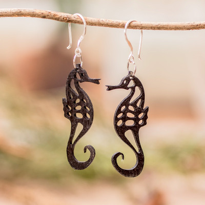 Seahorse-Themed Reclaimed Wood Dangle Earrings in Black