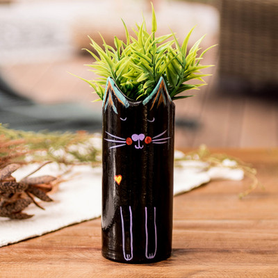 Ceramic Cat Utensil Pen Holder and Decorative Vase in Black