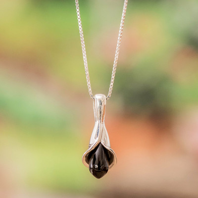 Calla Lily-Themed Guatemalan Black Jade Silver Necklace
